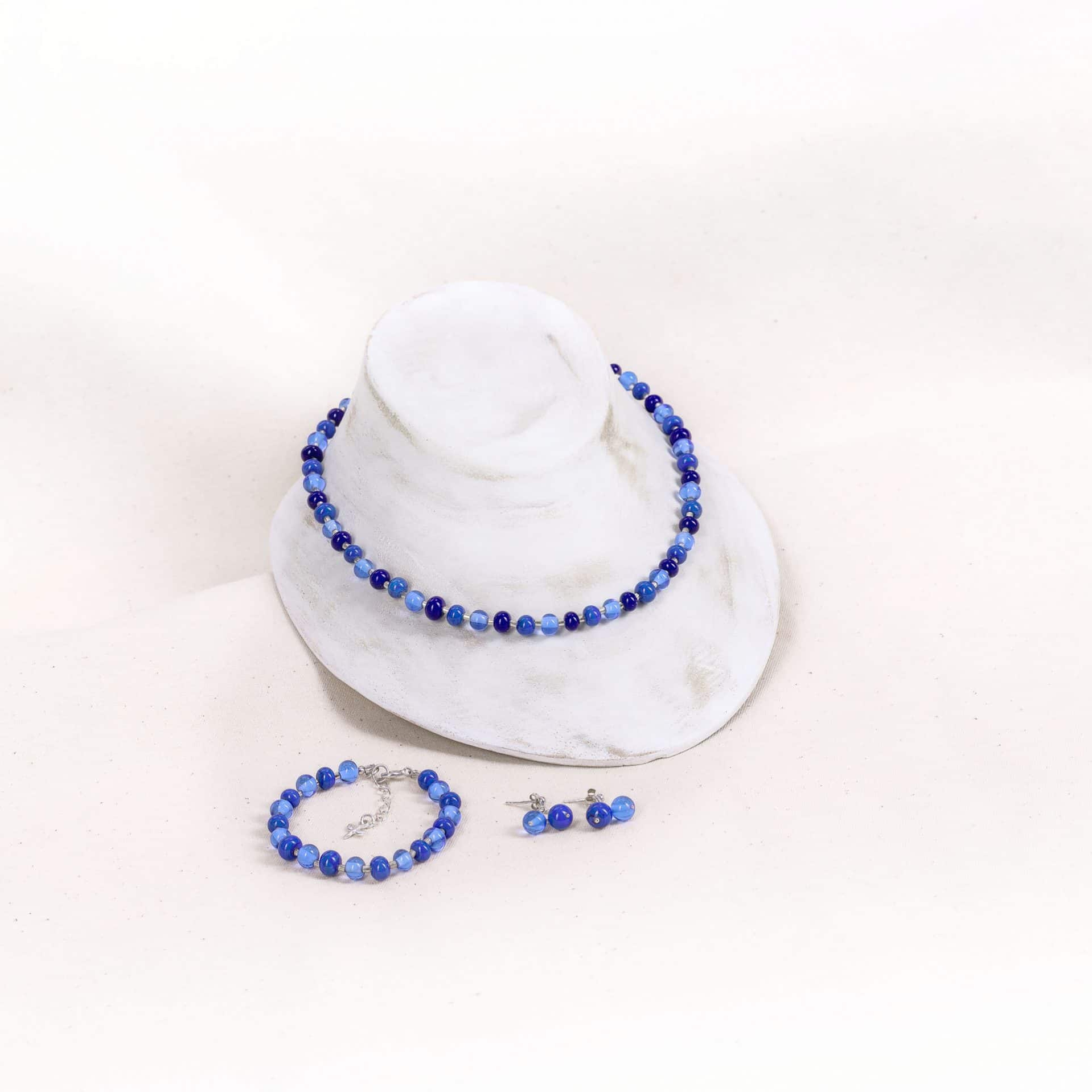 SAROCCA Glas Schmuck individuell nachhaltig Set Armband Ohrring Halskette blau Silber