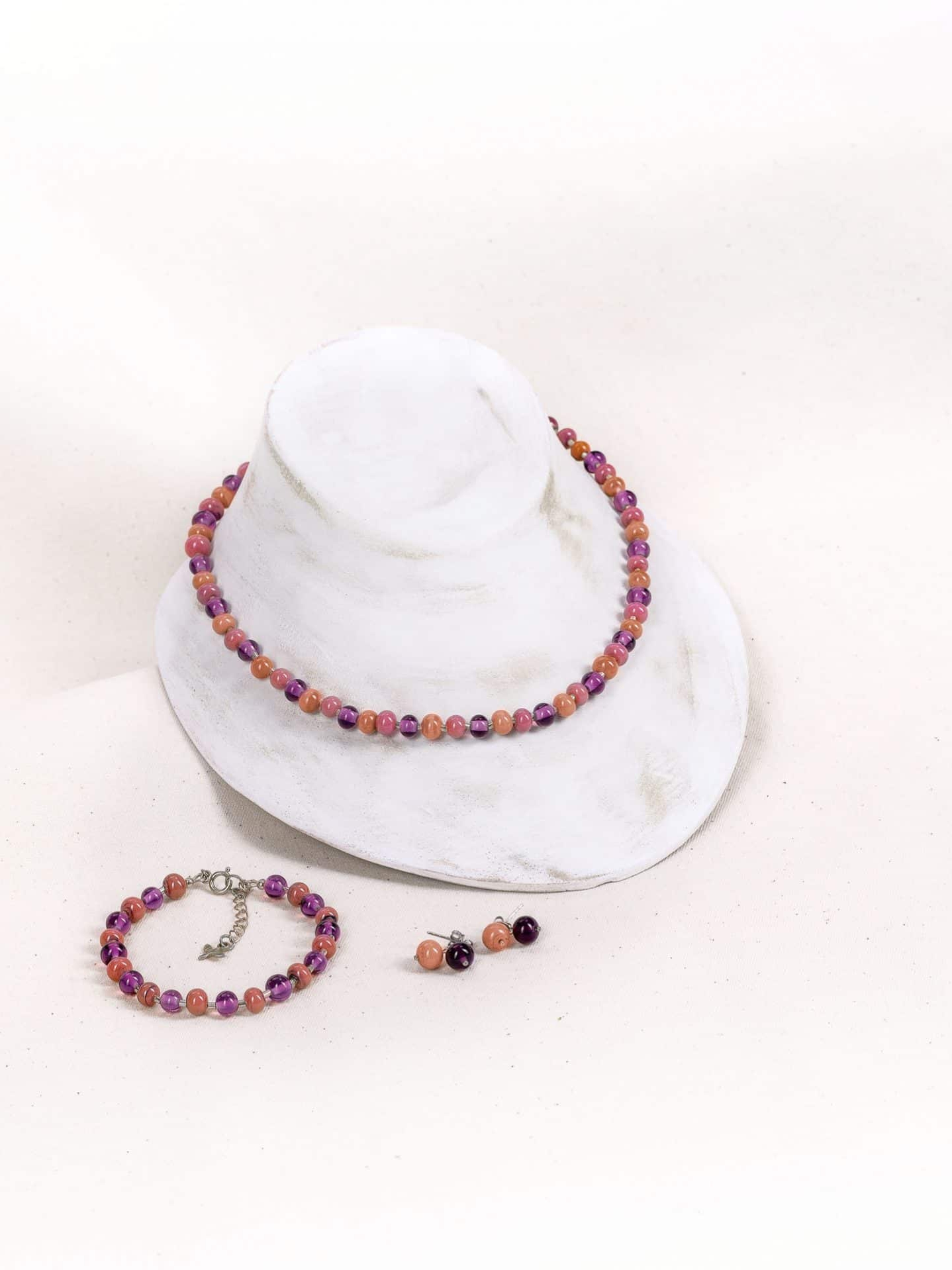 SAROCCA Glas Schmuck individuell nachhaltig Set Armband Ohrring Halskette lila vergoldetes Silber