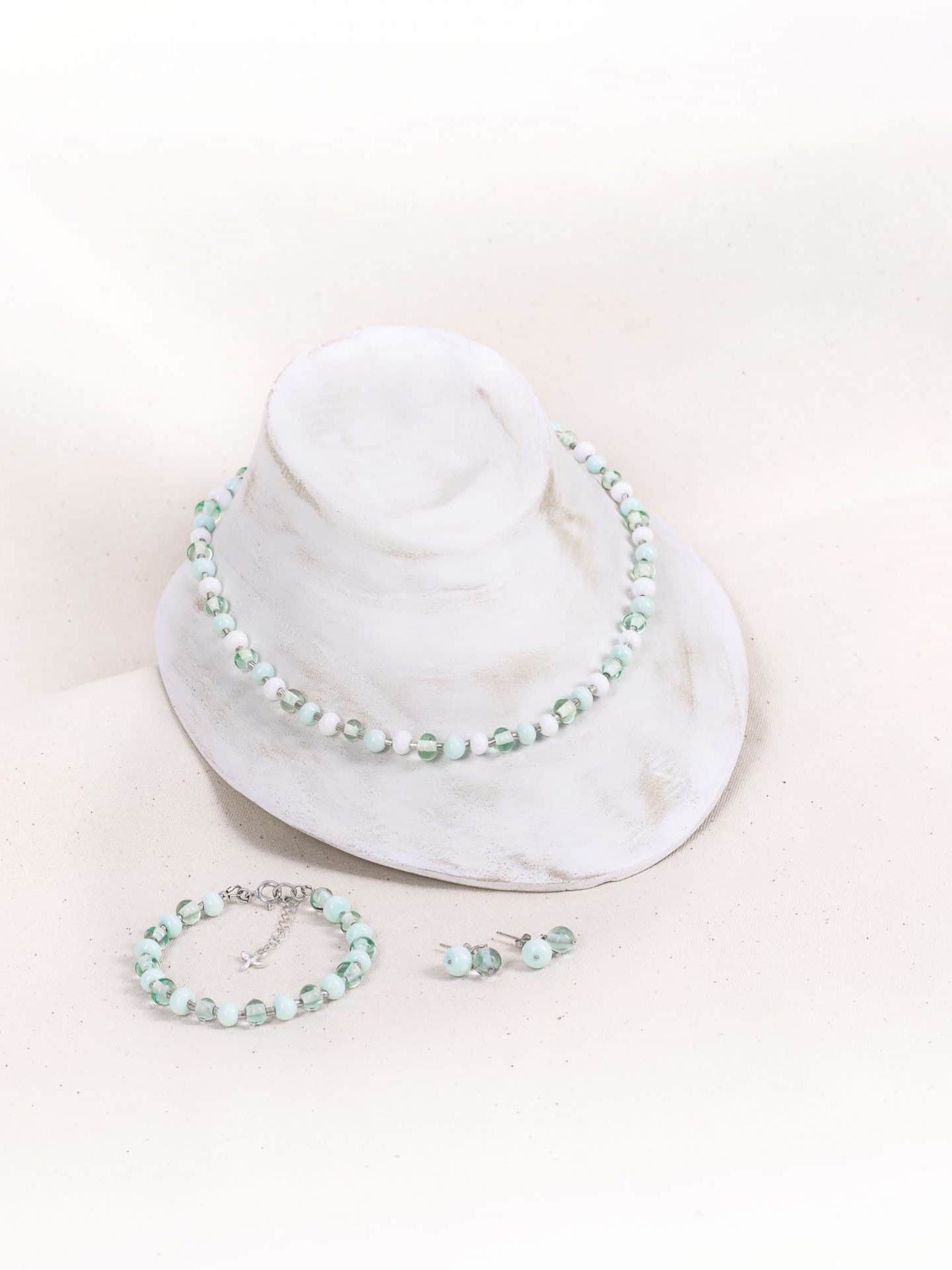 SAROCCA Glas Schmuck individuell nachhaltig Set Armband Halskette Ohrring grün Silber